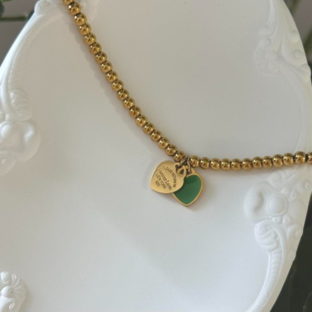 SKU0163 Retro Gold‎ Green Heart Charm Women Minimalist Bracelet Stainless steel